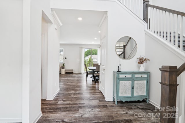 15108 Autumn Sage Dr, Charlotte, NC 28278 - entryway featuring dark wood finished floors, recessed lighting, stairway, and baseboards