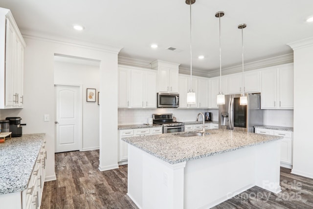 15108 Autumn Sage Dr, Charlotte, NC 28278 - kitchen with stainless steel appliances, a sink, dark wood-type flooring, white cabinets, and a center island with sink