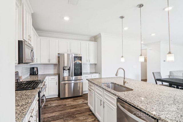 15108 Autumn Sage Dr, Charlotte, NC 28278 - kitchen featuring appliances with stainless steel finishes, a sink, crown molding, white cabinetry, and backsplash