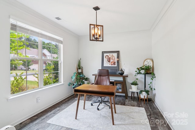 15108 Autumn Sage Dr, Charlotte, NC 28278 - office with wood finished floors, crown molding, a chandelier, and baseboards
