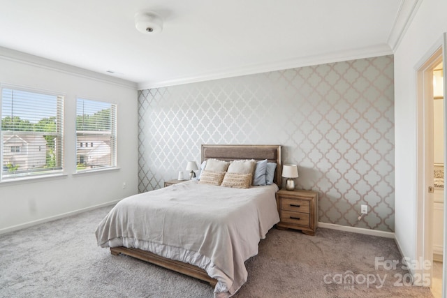 15108 Autumn Sage Dr, Charlotte, NC 28278 - carpeted bedroom with crown molding, baseboards, and wallpapered walls