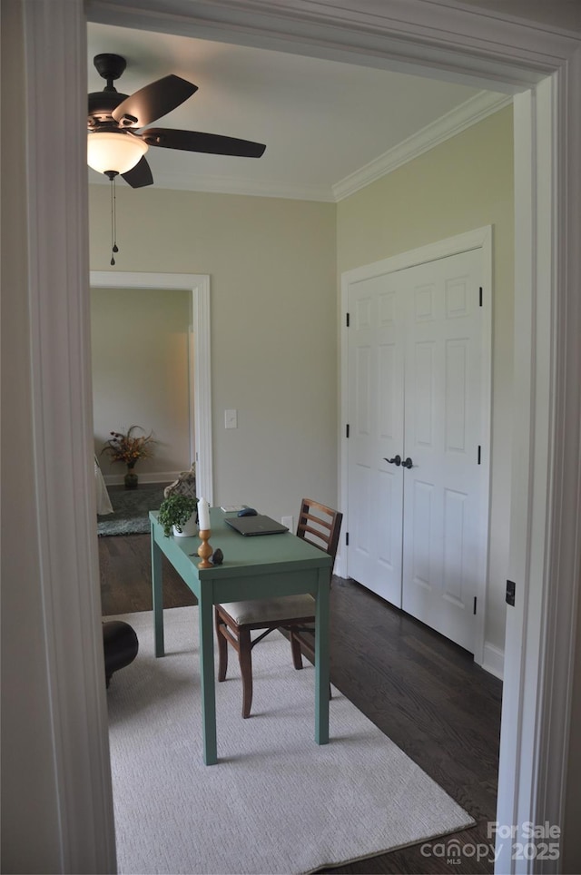 5817 Wingate Hill Rd, Denver, NC 28037 - office with ornamental molding, ceiling fan, and dark wood finished floors