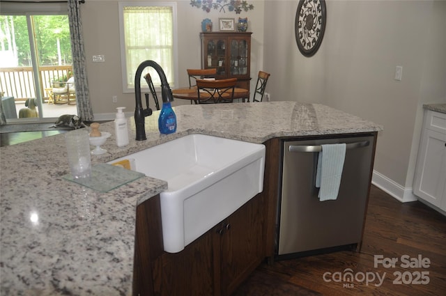 5817 Wingate Hill Rd, Denver, NC 28037 - kitchen featuring dishwasher, a sink, dark wood finished floors, light stone counters, and baseboards