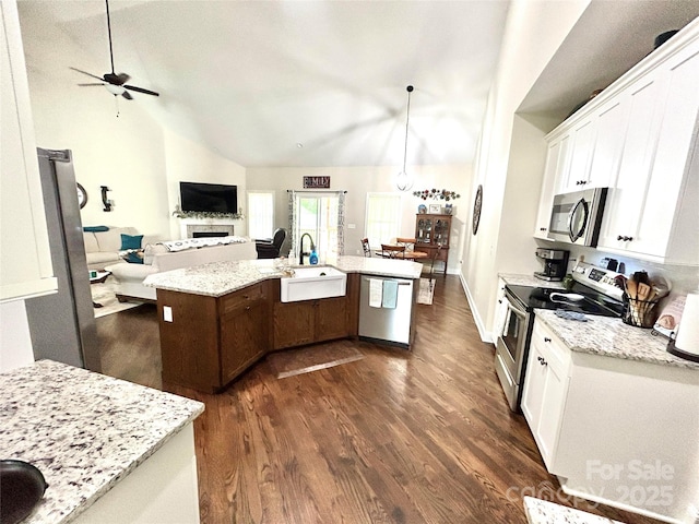 5817 Wingate Hill Rd, Denver, NC 28037 - kitchen with stainless steel appliances, a sink, open floor plan, vaulted ceiling, and a ceiling fan