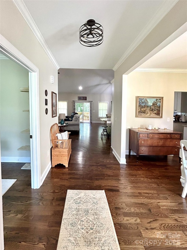5817 Wingate Hill Rd, Denver, NC 28037 - hallway featuring crown molding, dark wood-style floors, and baseboards