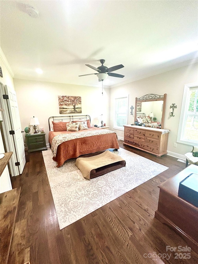 5817 Wingate Hill Rd, Denver, NC 28037 - bedroom featuring dark wood finished floors, ceiling fan, crown molding, and baseboards