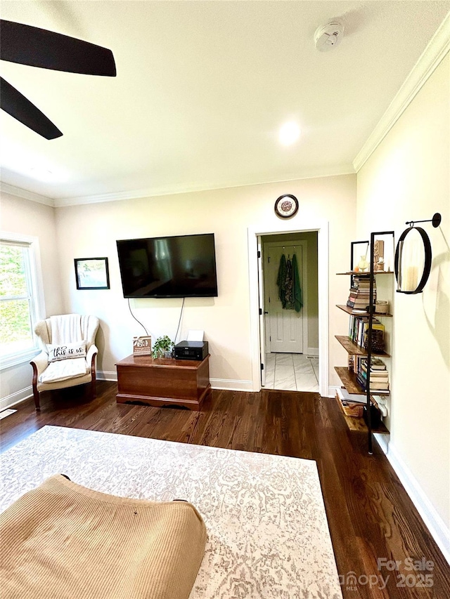 5817 Wingate Hill Rd, Denver, NC 28037 - living room with wood finished floors, ornamental molding, baseboards, and a ceiling fan