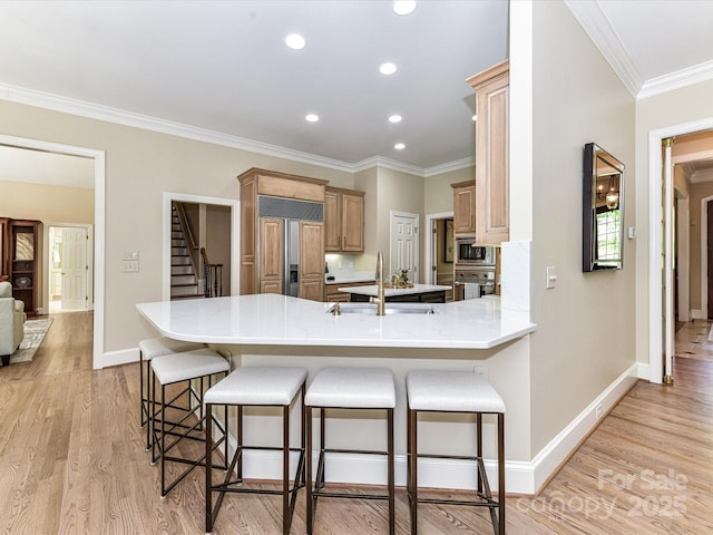 kitchen featuring ornamental molding, built in appliances, a peninsula, baseboards, and a sink