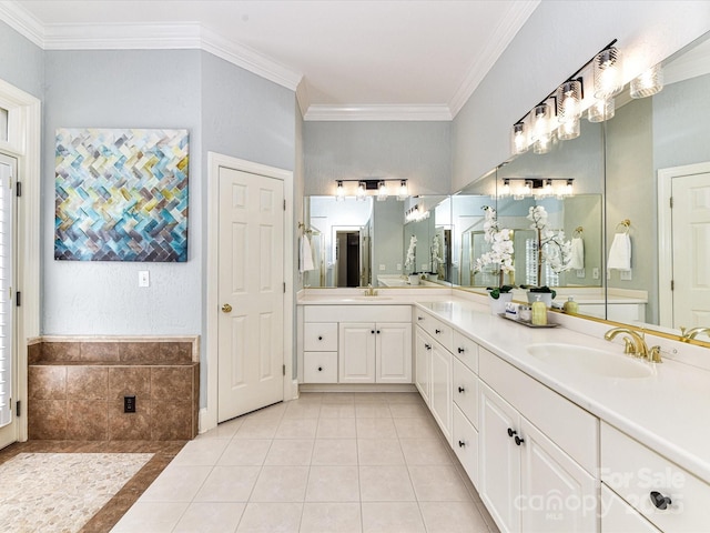 bathroom with double vanity, a sink, tile patterned floors, and ornamental molding