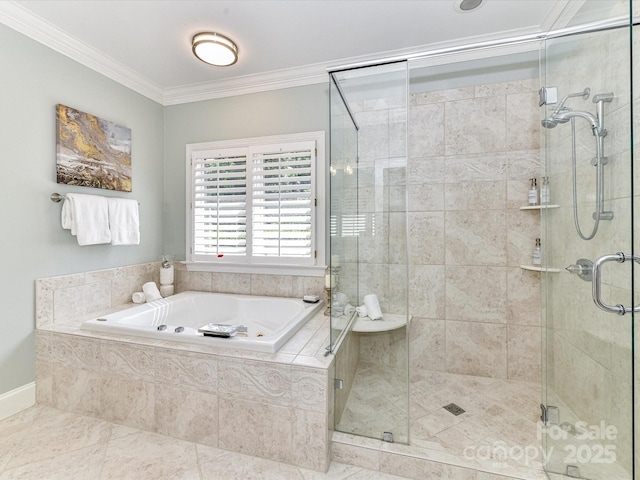 bathroom with crown molding, tile patterned flooring, a shower stall, and a garden tub