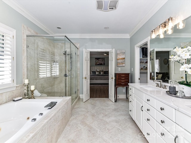 full bathroom with visible vents, a stall shower, vanity, a whirlpool tub, and ornamental molding