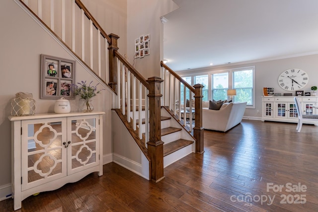 16711 Monocacy Blvd, Huntersville, NC 28078 - staircase with baseboards, wood finished floors, and crown molding