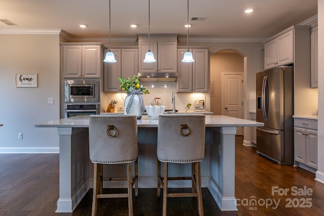 16711 Monocacy Blvd, Huntersville, NC 28078 - kitchen with arched walkways, stainless steel appliances, under cabinet range hood, backsplash, and visible vents