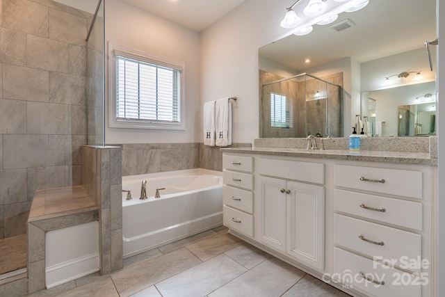 16711 Monocacy Blvd, Huntersville, NC 28078 - bathroom featuring a shower stall, vanity, tile patterned floors, visible vents, and a garden tub