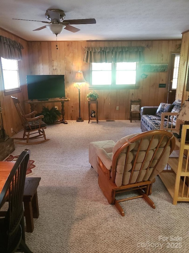 134 Raven Rdg, Maggie Valley, NC 28751 - carpeted living area with wood walls and a ceiling fan