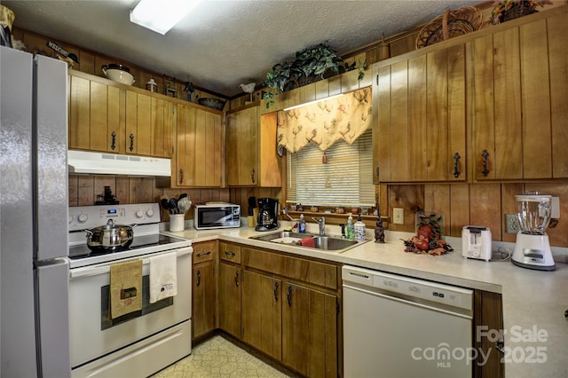 134 Raven Rdg, Maggie Valley, NC 28751 - kitchen with range with electric stovetop, dishwasher, a sink, freestanding refrigerator, and under cabinet range hood