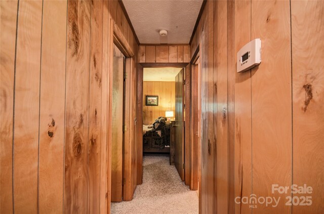134 Raven Rdg, Maggie Valley, NC 28751 - hallway featuring wooden walls, light colored carpet, and a textured ceiling