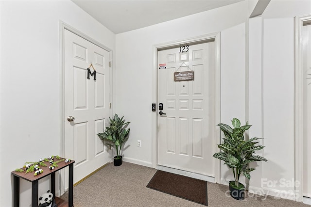 carpeted entrance foyer featuring baseboards
