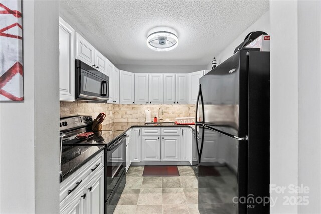 123 Carriage House Dr, Kannapolis, NC 28081 - kitchen featuring black appliances, a sink, tasteful backsplash, white cabinets, and a textured ceiling