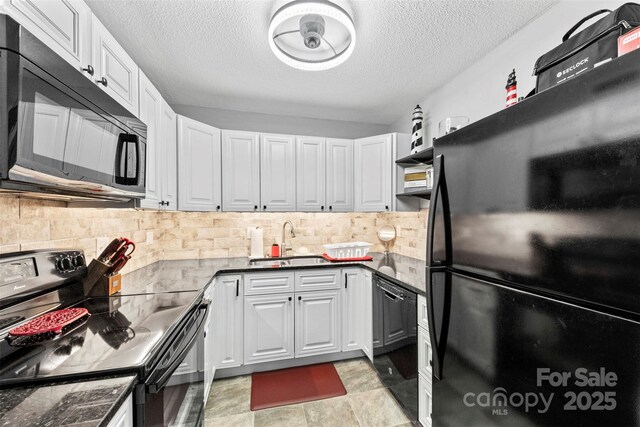123 Carriage House Dr, Kannapolis, NC 28081 - kitchen featuring black appliances, a sink, a textured ceiling, tasteful backsplash, and white cabinets