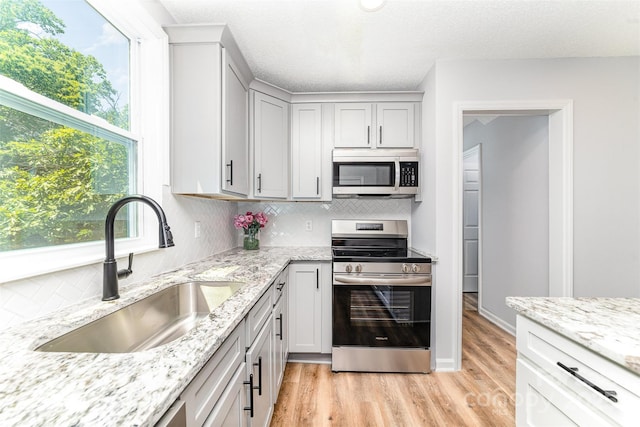 kitchen with stainless steel appliances, decorative backsplash, a sink, and light wood finished floors