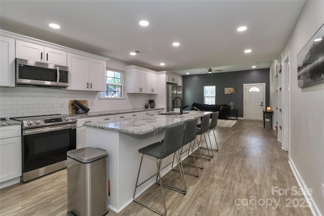 kitchen featuring stainless steel appliances, a sink, healthy amount of natural light, ceiling fan, and recessed lighting