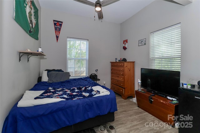 bedroom with wood finished floors and ceiling fan