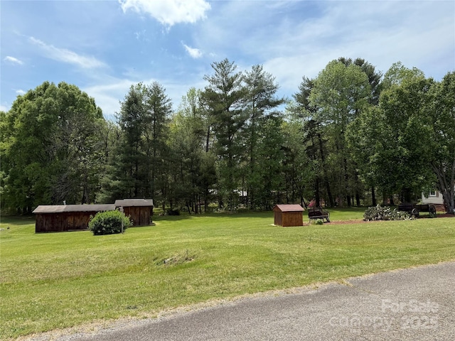 view of property's community featuring a storage shed, a lawn, and an outbuilding