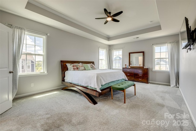 14925 Baldridge Dr, Huntersville, NC 28078 - bedroom with a tray ceiling, carpet, ornamental molding, baseboards, and ceiling fan