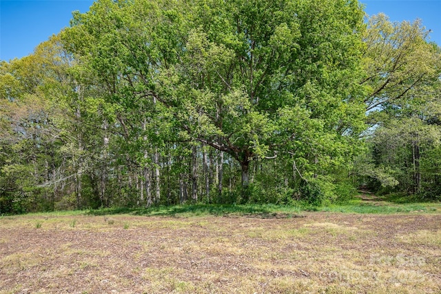 view of landscape featuring a forest view