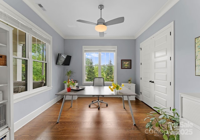 home office with a ceiling fan, a wealth of natural light, and crown molding