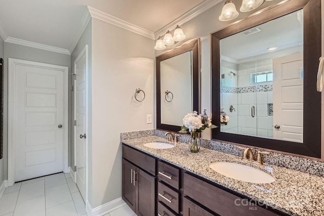 bathroom with visible vents, a sink, double vanity, and a shower stall