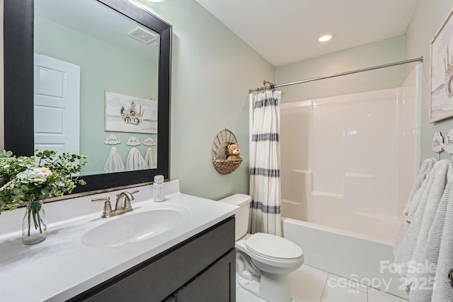 bathroom featuring visible vents, shower / bath combination with curtain, vanity, tile patterned floors, and toilet