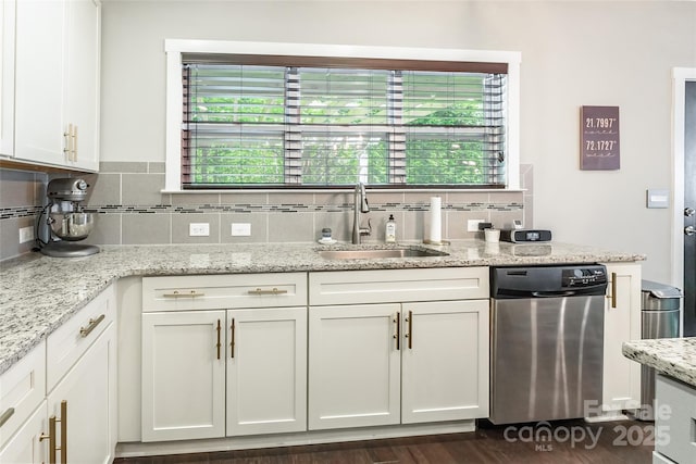 kitchen featuring a sink, decorative backsplash, a wealth of natural light, white cabinetry, and dishwasher