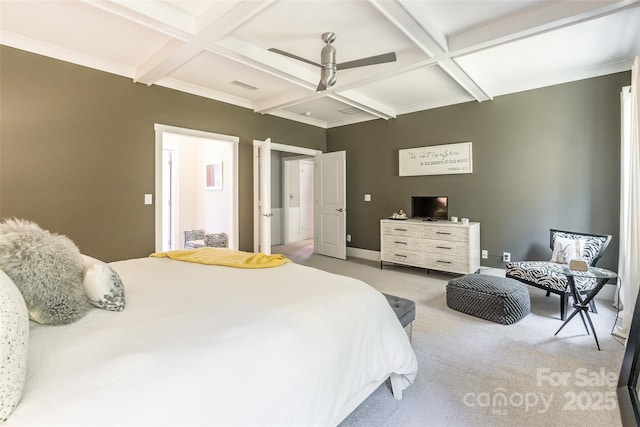 bedroom with beam ceiling, visible vents, coffered ceiling, and light carpet