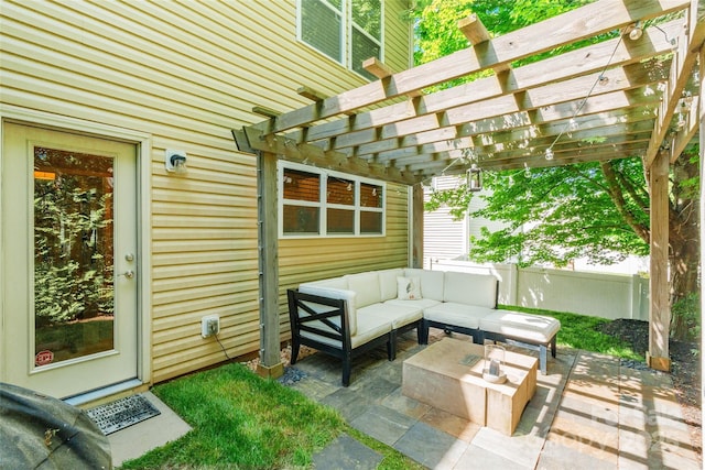 view of patio featuring outdoor lounge area and a pergola