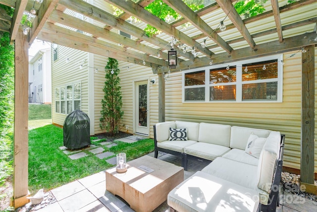 view of patio / terrace with a pergola, outdoor lounge area, and a grill
