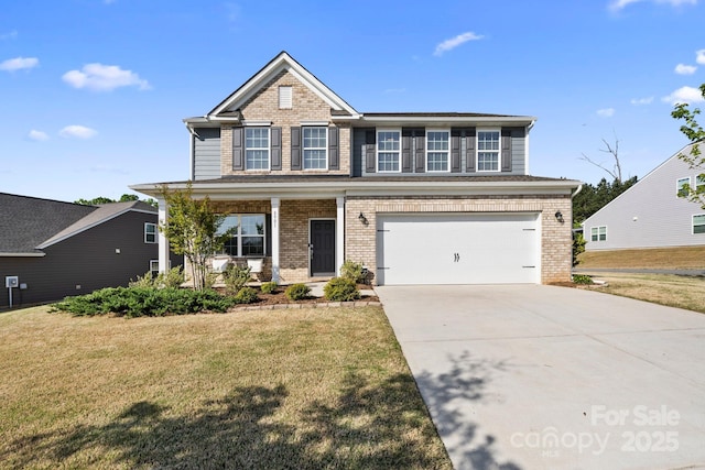 8901 Powder Works Dr, Huntersville, NC 28078 - view of front of property with driveway, a porch, brick siding, a front yard, and a garage