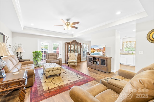 living area featuring a raised ceiling, wood finished floors, ornamental molding, and ceiling fan