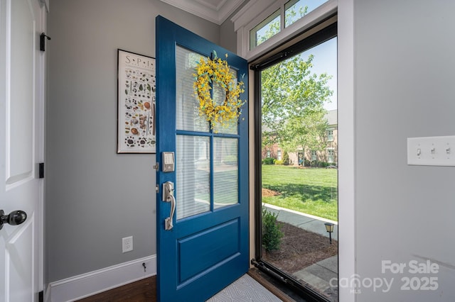 foyer entrance featuring baseboards, crown molding, and dark wood-style floors