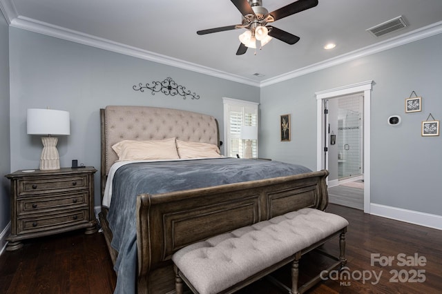 bedroom featuring baseboards, crown molding, dark wood-type flooring, and visible vents