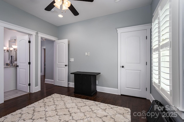 bedroom with recessed lighting, wood finished floors, baseboards, and ceiling fan