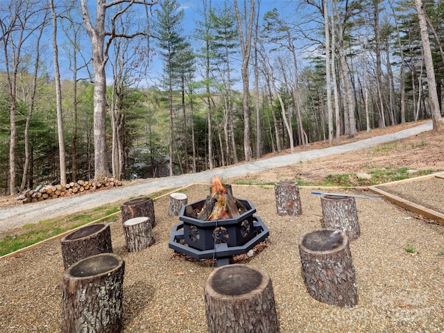 30 Gap Hill Dr, Fletcher, NC 28732 - view of yard featuring an outdoor fire pit and a forest view
