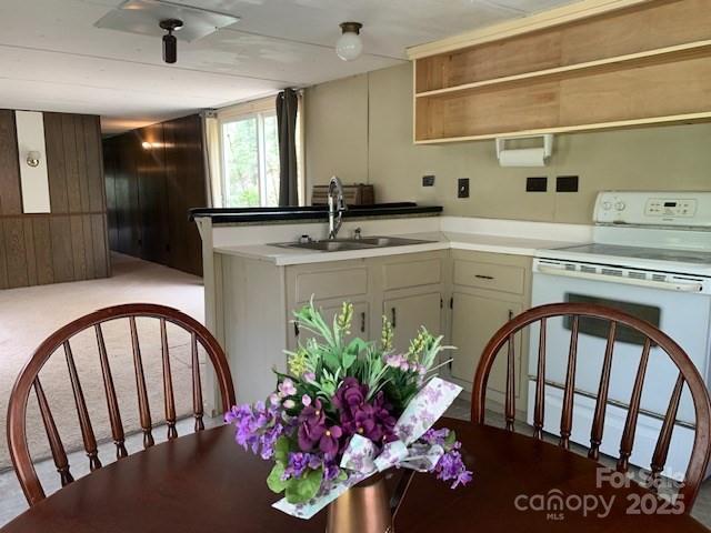 kitchen featuring white electric stove, wood walls, open shelves, light countertops, and a sink