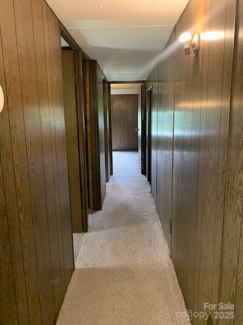 hall with light carpet and wooden walls