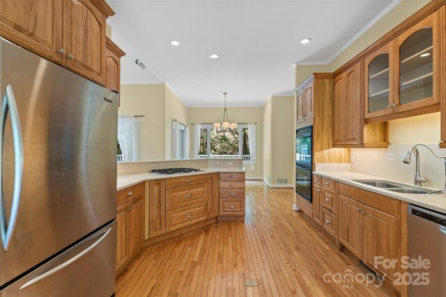 80 Ivy Cove Rd, Fairview, NC 28730 - kitchen featuring stainless steel appliances, a sink, light wood-type flooring, crown molding, and glass insert cabinets