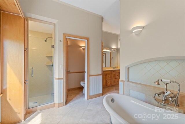 80 Ivy Cove Rd, Fairview, NC 28730 - bathroom featuring a shower stall, a wainscoted wall, toilet, vanity, and a freestanding tub