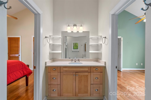 80 Ivy Cove Rd, Fairview, NC 28730 - ensuite bathroom featuring baseboards, ensuite bath, wood finished floors, and vanity