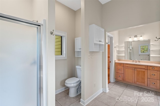 80 Ivy Cove Rd, Fairview, NC 28730 - bathroom with tile patterned floors, vanity, a towering ceiling, baseboards, and toilet