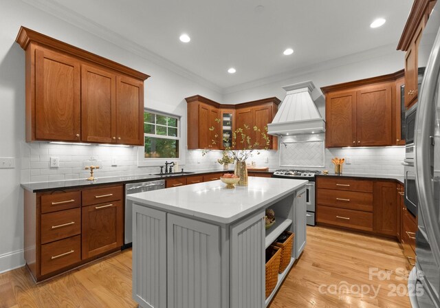 kitchen with backsplash, a sink, appliances with stainless steel finishes, and custom exhaust hood